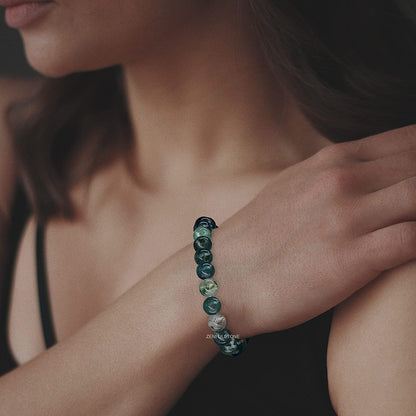 Moss Agate Natural Gemstone Reiki Healing Crystals Handmade 8mm Round Beads Stretch Bracelet for Women & Men | Spiritual Gift | Mother's day Gift | Adjustable size Crystal Bracelet for Women