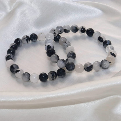 Black Rutilated Quartz Natural Gemstone Reiki Healing Crystals Handmade 8mm Round Beads Stretch Bracelet for Women & Men | Spiritual Gift | Mother's day Gift | Adjustable size Crystal Bracelet for Women