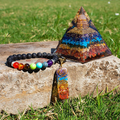 Big 7 Chakra Orgone Pyramid, Necklace & Bracelet Healing Gift Set