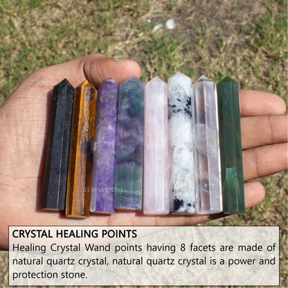 Healing Crystal Point Wands 3" Octagonal Faceted Set of 8