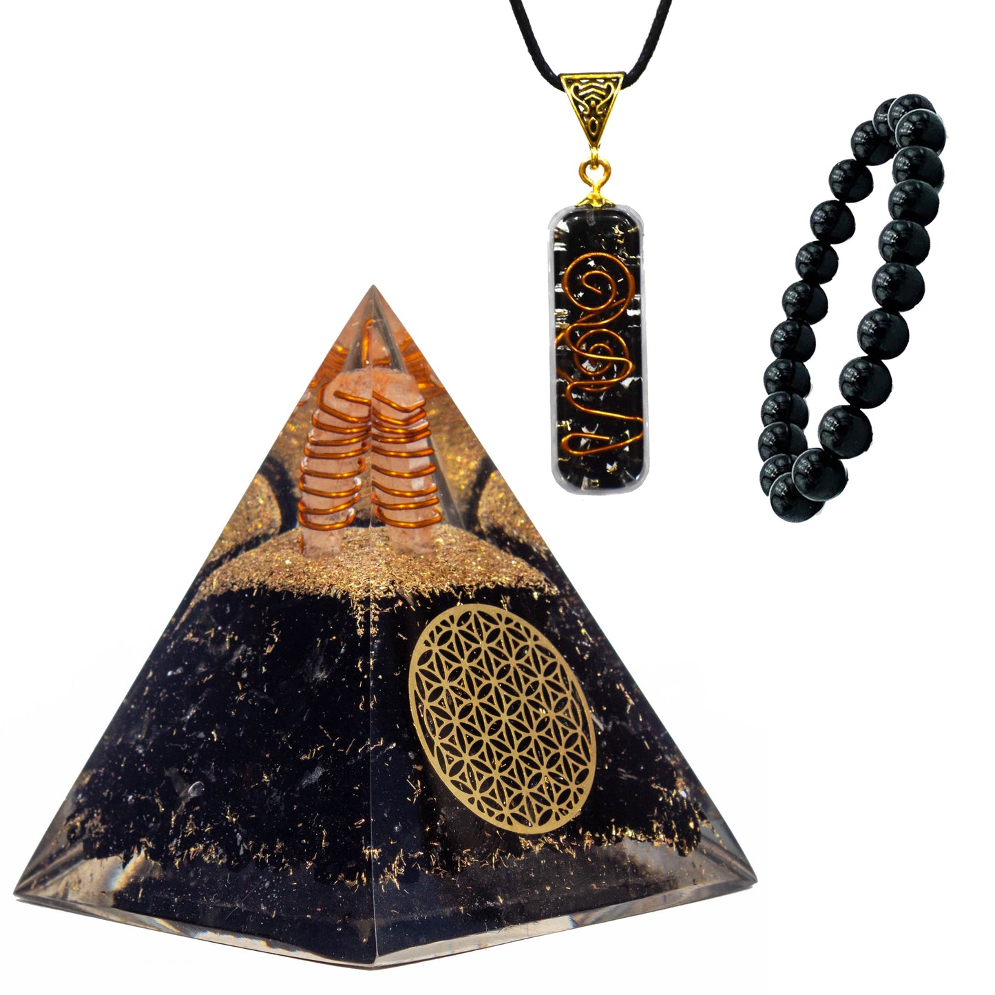 Black Tourmaline Orgone Pyramid, Necklace & Bracelet Gift Set