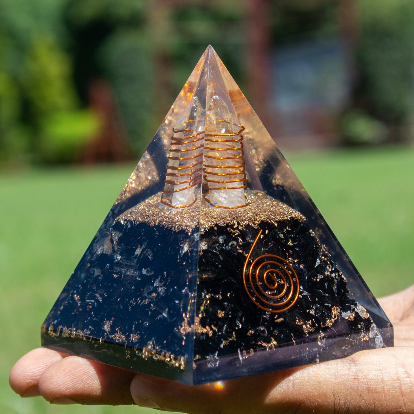 Shungite Orgonite Pyramid for EMF Protection, Grounding Energy, Spiritual Healing | Handmade Orgonite pyramids with Copper Coil and Crystal Quartz for Chakra Protection