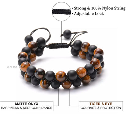 Triple Protection Bracelet Tiger Eye & Matte Onyx Stone - Tiger's Eye Healing Bracelet