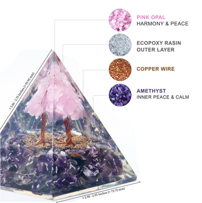 Pink Tree of Life Flower Orgonite Pyramid - Pink Opal & Amethyst