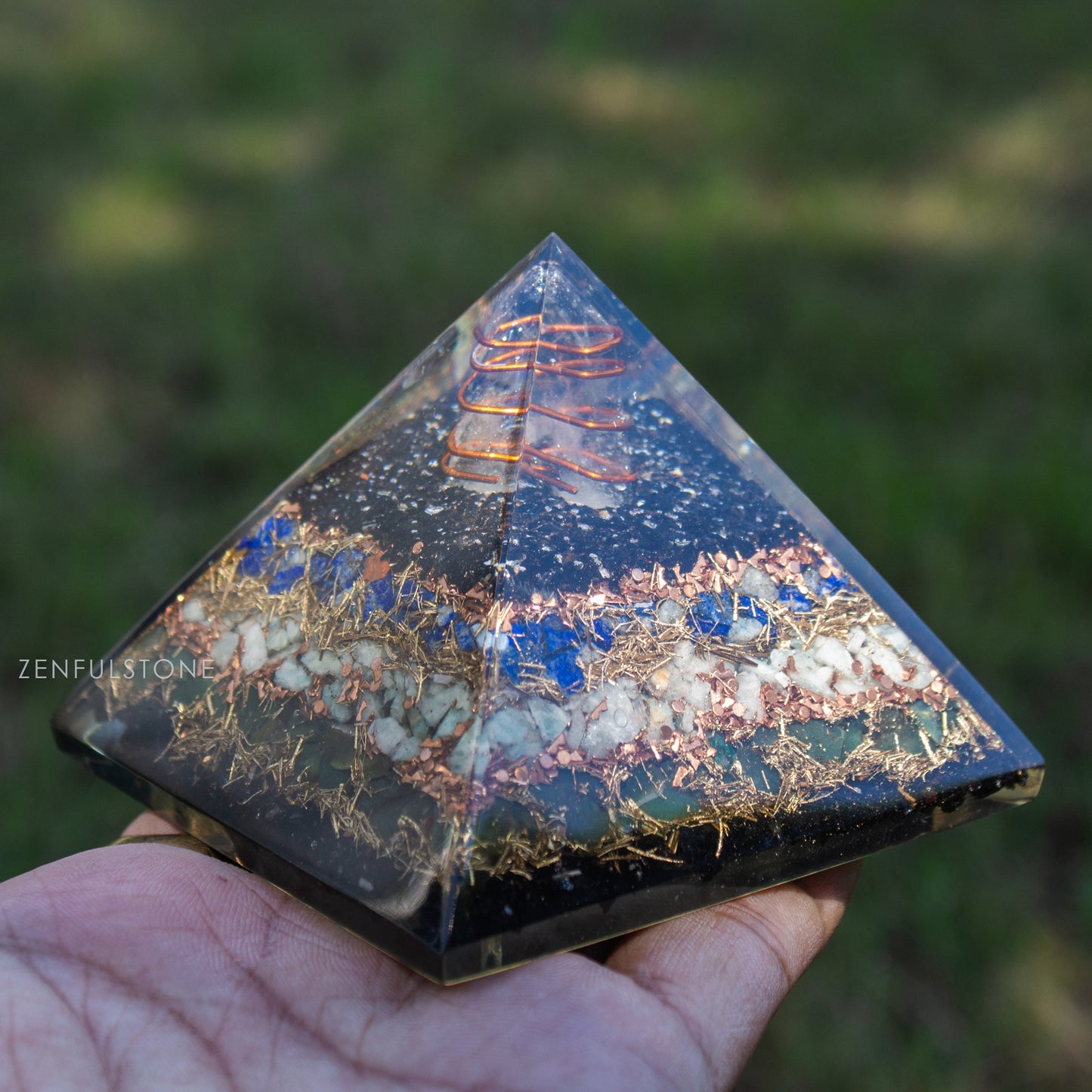 Black Tourmaline, Lapis Lazuli, Amazonite & Green Jade Orgonite Pyramid for Protection