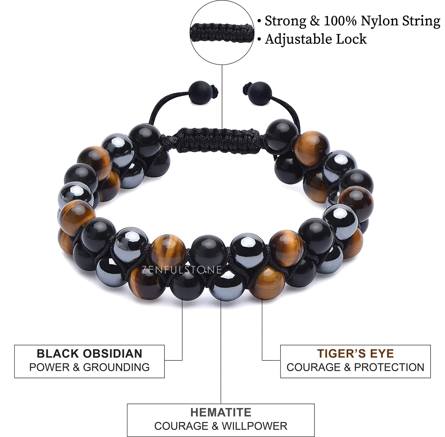 Triple Protection Bracelet, Authentic Tigers Eye Black Obsidian and Hematite 8mm Beads double layer Bracelet