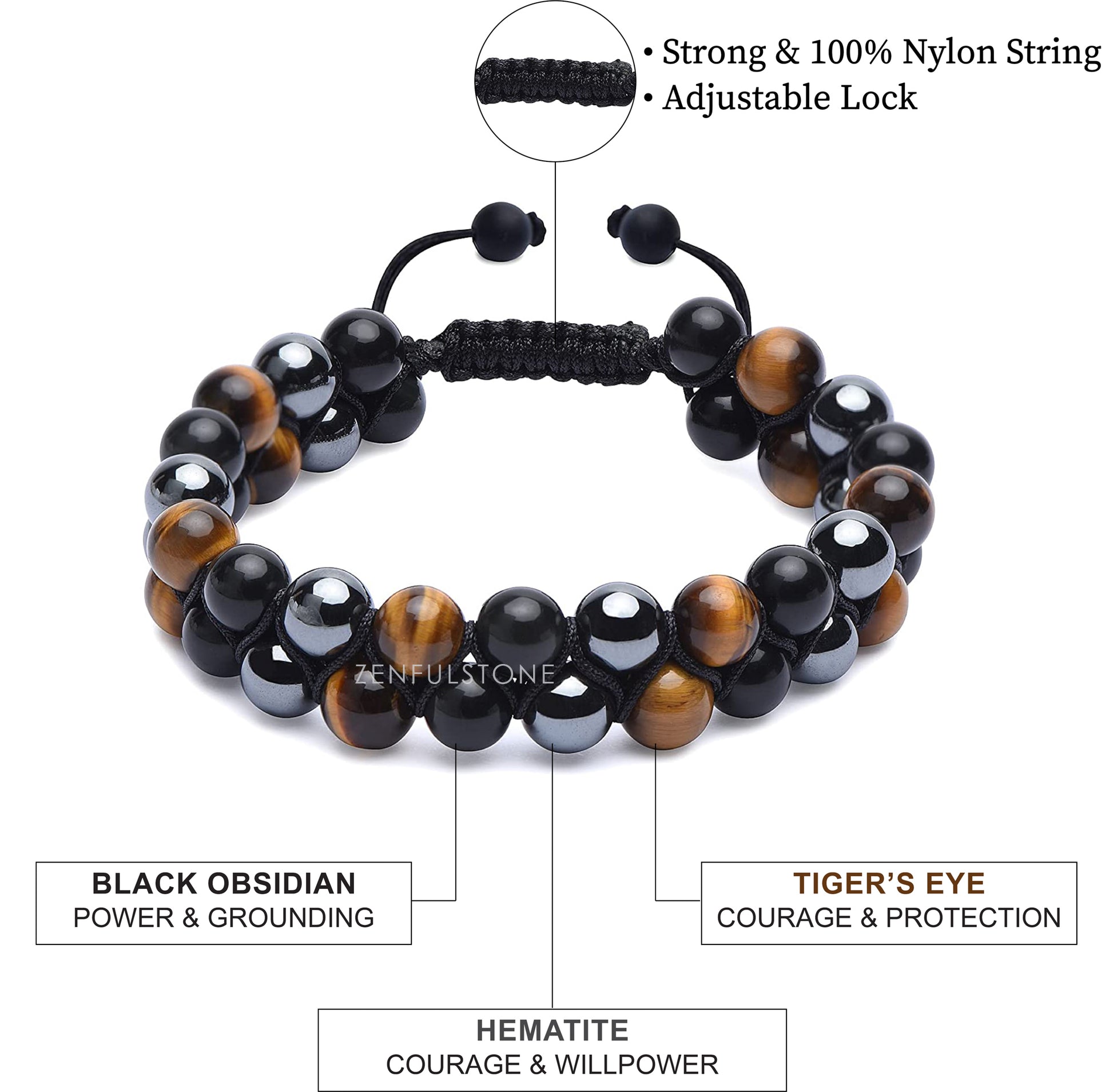 Tiger Eye Stone Black Obsidian Gem and Hematite Bead Bracelet 