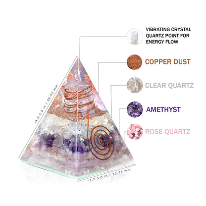 Amethyst, Clear Quartz & Rose Quartz Triple Layered Orgone Pyramid