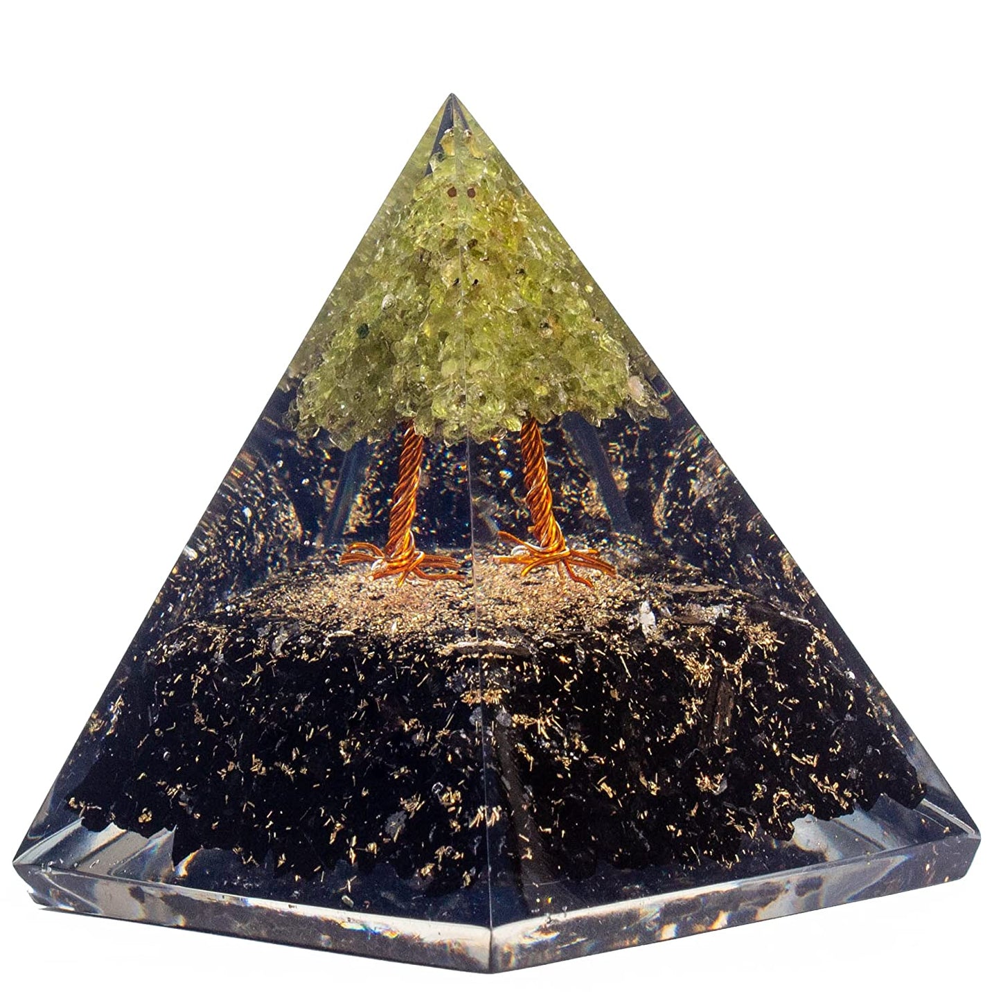 Green Tree of Life Flower Orgonite Pyramid - Peridot & Black Tourmaline