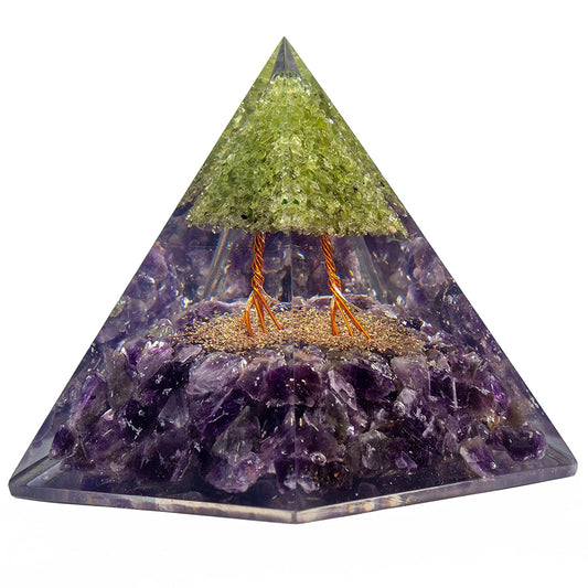 Tree of Life Flower Orgonite Pyramid - Peridot & Amethyst